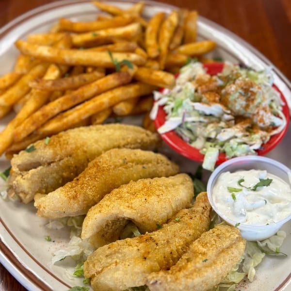 Fried fish fillets with french fries, coleslaw, and tartar sauce on a white plate.